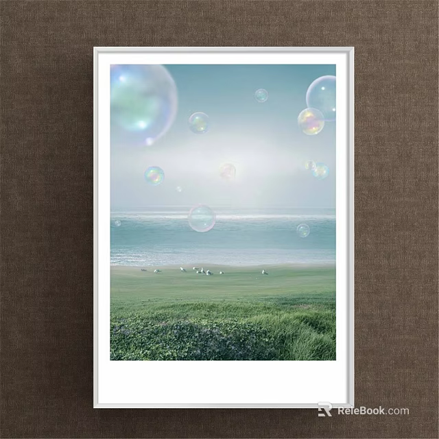 Serene Seaside Landscape Painting With Floating Bubbles Green Grass And Seagulls 3d model 