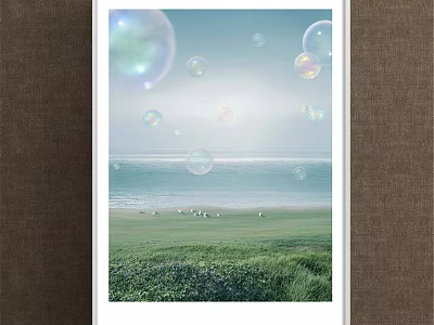Serene Seaside Landscape Painting With Floating Bubbles Green Grass And Seagulls 3d model