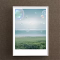 Serene Seaside Landscape Painting With Floating Bubbles Green Grass And Seagulls