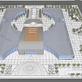 Modern Architectural Building With Glass Facade Blue Roof Public Square And Trees