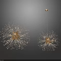 Modern Two Golden Explosion Like Chandeliers Against Dark Background 3d model