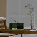 Vintage Green Radio On Wooden Table With Vase Plant And Window Blinds