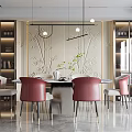 Modern Restaurant Interior With Round Dining Table Red Chairs Bamboo Pattern Wall And Wine Cabinets 3d model