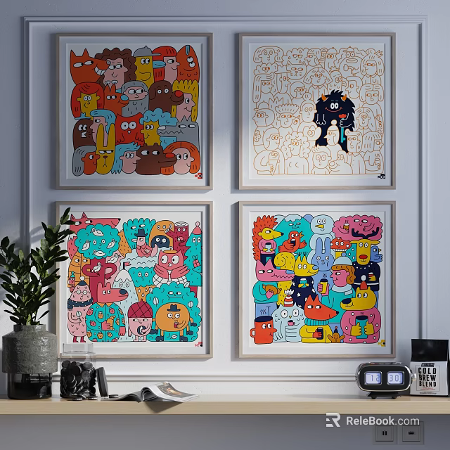 Colorful Cartoon Artworks On Wall With Various Character Designs And Green Plant Decor 3d model 