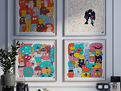 Colorful Cartoon Artworks On Wall With Various Character Designs And Green Plant Decor 3d model