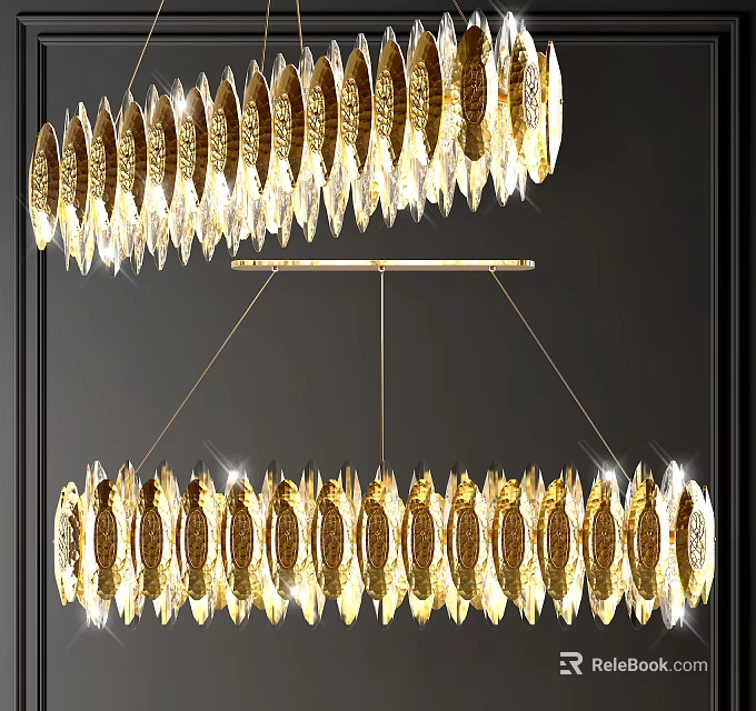 Double Hanging Golden Chandeliers With Decorative Discs And Illuminated Crystal Accents 3d model 