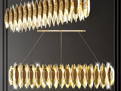 Double Hanging Golden Chandeliers With Decorative Discs And Illuminated Crystal Accents 3d model