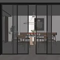 Modern Glass Sliding Doors With Black Frames In Dining Room With Table And Chairs