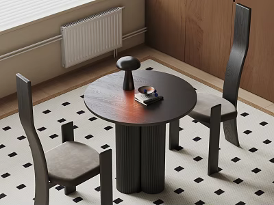 Round Dark Wood Dining Table Set With Two Black Backrest Chairs And Checkered Rug 3d model