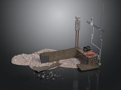 Industrial Construction Site Scene Components With Crushed Stones Wooden Planks And Metal Pipes 3d model