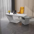 Modern White Geometric Office Desk With Black Mac Computer Yellow Flower Vase And Yellow Chair