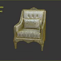 Classic Single Sofa with Carved Wooden Legs Patterned Cushions and Gold Pattern Throw Pillow 3d model