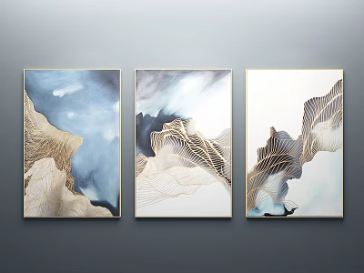 Three Panel Modern Abstract Paintings With Golden Lines Blue Tones And Mountain Shapes 3d model
