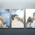 Three Panel Modern Abstract Paintings With Golden Lines Blue Tones And Mountain Shapes