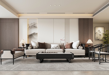 New Chinese Style Living Room Sofa Background Wall Sofa Coffee Table Combination Song Dynasty Aesthetics Living Room with No Main Lamp 3d model