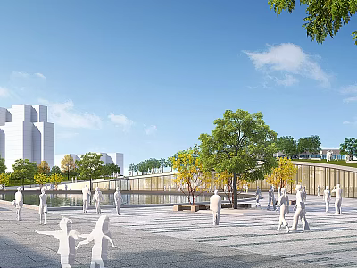 Modern Visitor Center With Open Plaza Greenery Water Feature And Visitors 3d model