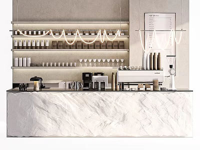 Modern Bar Counter With Marble Surface And Hanging Shelves For Glassware And Coffee Machine 3d model