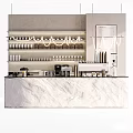 Modern Bar Counter With Marble Surface And Hanging Shelves For Glassware And Coffee Machine