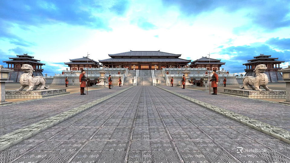 Ancient Architecture Traditional Palace View With Stone Pathway Guard Statues And Classic Roofs 3d model 