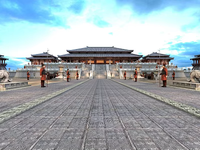 Ancient Architecture Traditional Palace View With Stone Pathway Guard Statues And Classic Roofs 3d model