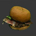 Juicy Burger With Golden Brioche Bun Crispy Bacon And Fresh Green Herbs On Black Background