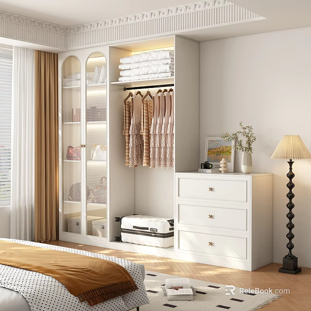 Modern Bedroom Wardrobe With Glass Doors Hanging Clothes And Shelves For Folded Items 3d model 