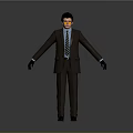 Man In Brown Suit With Striped Tie Glasses And Black Gloves Arms Outstretched Gray Background