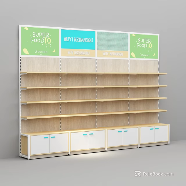 Baby Store Nutrition Product Display With Wooden Shelves And White Cabinets 3d model 