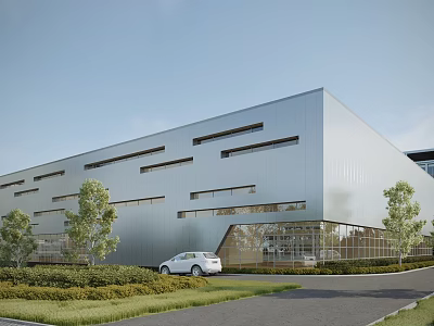 Modern Industrial Factory Building With Silver Metal Facade Rectangular Windows Lawn Trees And White Car 3d model