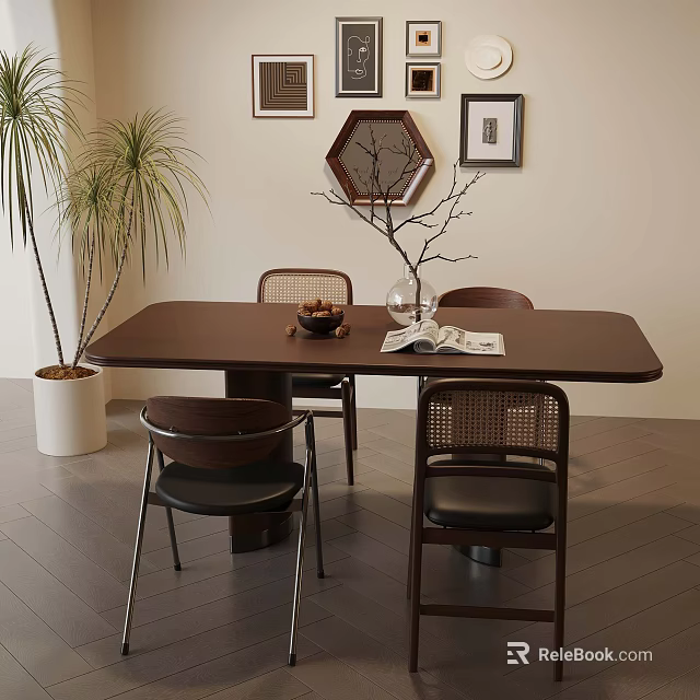 Elegant Modern Dining Area With Wooden Table Rattan Chairs And Wall Art 3d model 