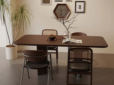 Elegant Modern Dining Area With Wooden Table Rattan Chairs And Wall Art 3d model