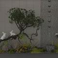Indoor Plant Combination Featuring Unique Tree Stones Moss Greenery Rabbit Sculptures And Water Feature