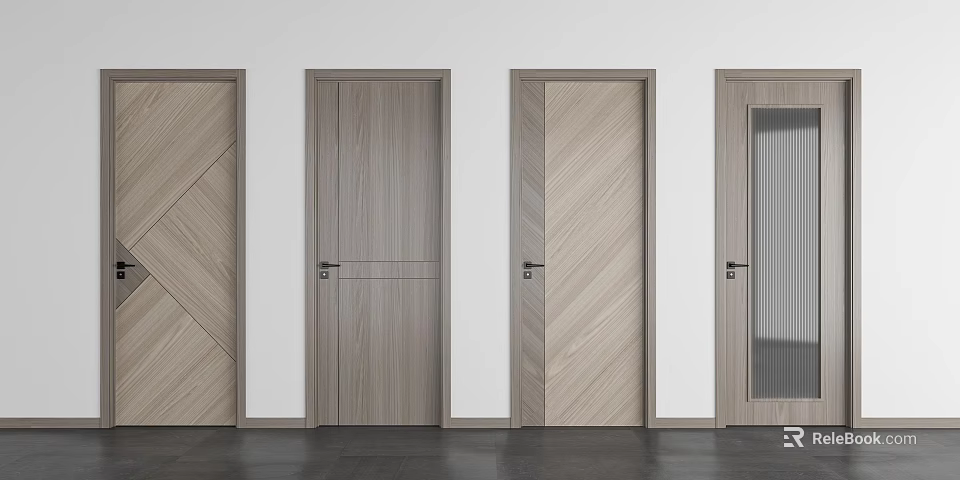 Modern Wooden Hinged Doors With Herringbone Pattern And Glass Panel Design 3d model