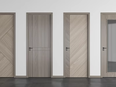 Modern Wooden Hinged Doors With Herringbone Pattern And Glass Panel Design 3d model