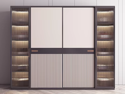 Modern Wardrobe With Double Doors Illuminated Side Shelves And Vertical Slats Panel 3d model