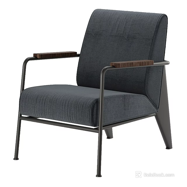 Modern Leisure Accent Chair with Gray Fabric Metal Frame and Wooden Armrests 3d model 