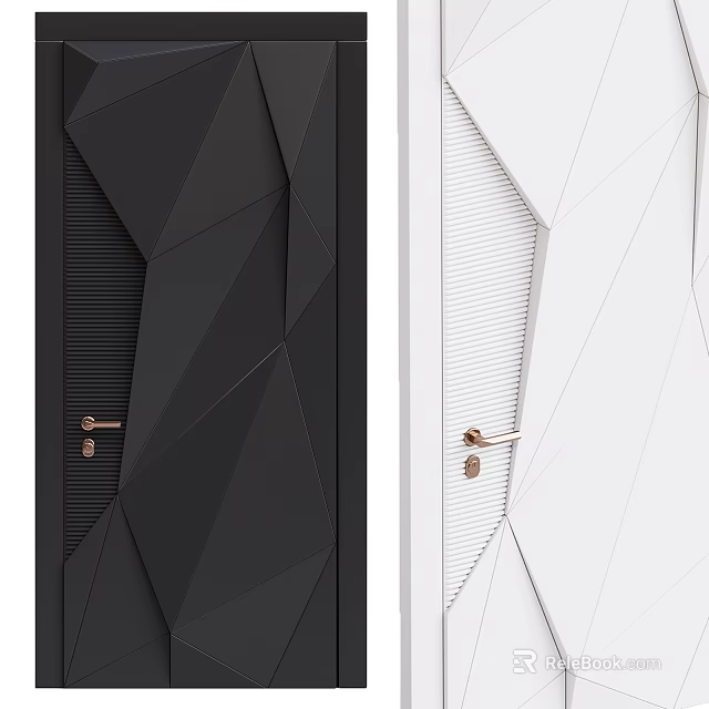 Black And White Swing Doors With Geometric Design And Golden Handles 3d model 