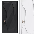 Black And White Swing Doors With Geometric Design And Golden Handles