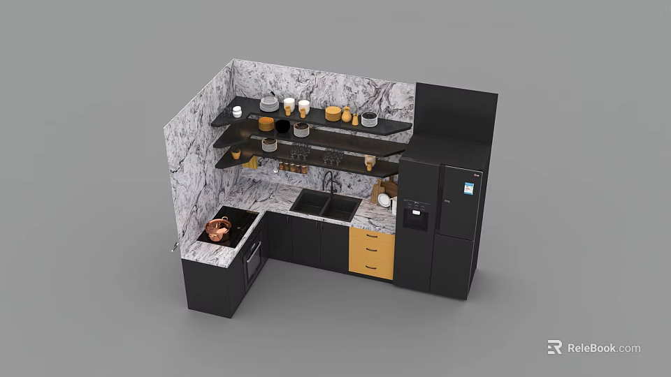 Modern Kitchen Interior With Marble Countertop Black Cabinets Yellow Drawers Kitchen Utensils And Refrigerator 3d model 