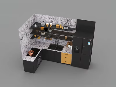 Modern Kitchen Interior With Marble Countertop Black Cabinets Yellow Drawers Kitchen Utensils And Refrigerator 3d model