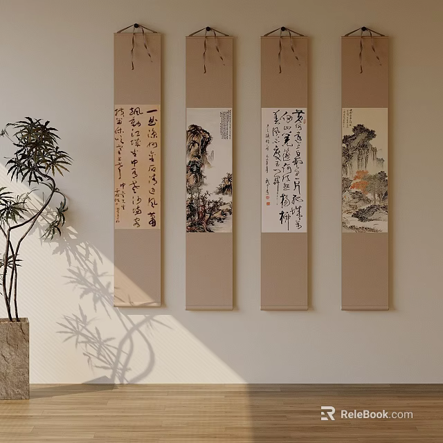 Chinese Style Interior With Four Scroll Paintings Calligraphy Landscape Art And Bamboo Plant 3d model 
