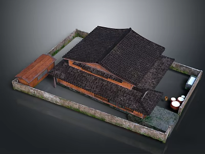 Traditional Building With Black Tile Roof Wooden Structure And Enclosure Wall Design 3d model