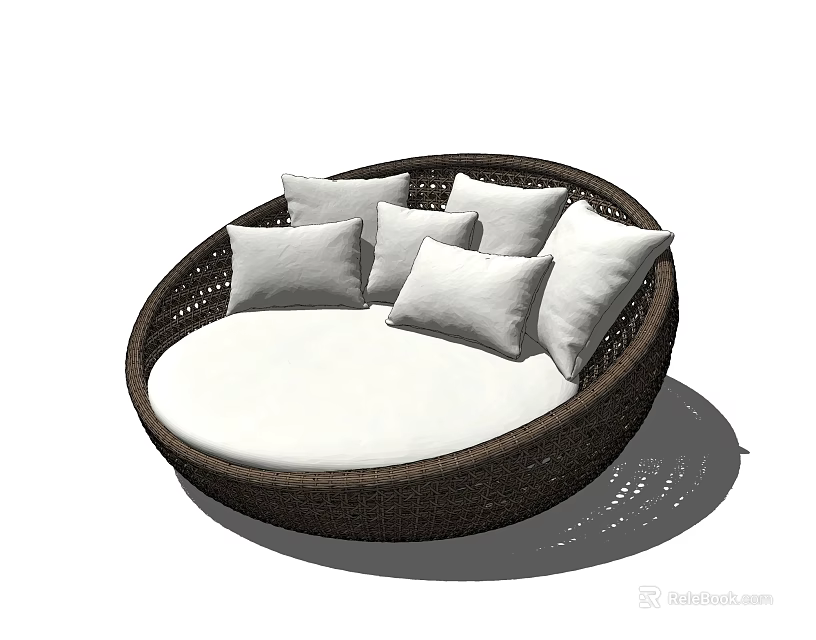 Comfortable Rattan Round Single Sofa With White Cushion And Soft Pillows 3d model 