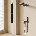 Sleek Black Modern Shower Head In Minimalist Bathroom Interior With Handheld Shower And Control Panel