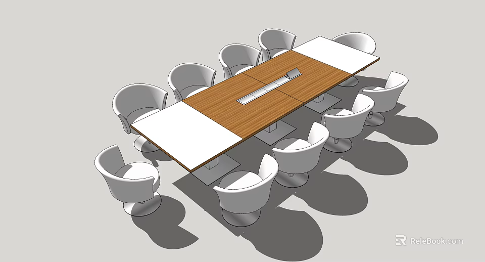 Modern Conference Table With Wooden Top Central Panel And White Surrounding Chairs 3d model 