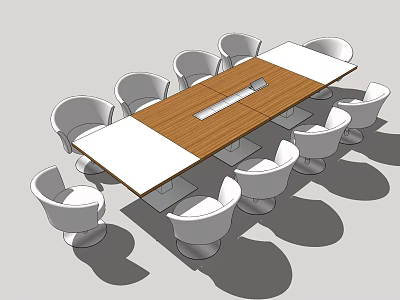 Modern Conference Table With Wooden Top Central Panel And White Surrounding Chairs 3d model