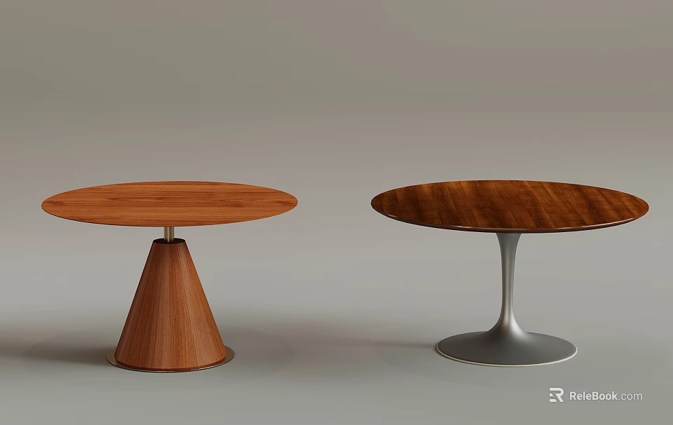 Two Round Dining Tables Featuring Wooden Tabletops And Distinct Bases Wooden Cone And Metal Stand 3d model 