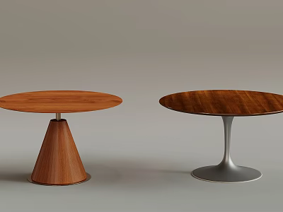 Two Round Dining Tables Featuring Wooden Tabletops And Distinct Bases Wooden Cone And Metal Stand 3d model