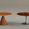 Two Round Dining Tables Featuring Wooden Tabletops And Distinct Bases Wooden Cone And Metal Stand