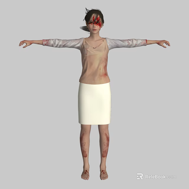 Injured Zombie Character With Bloody Wounds In Light Top And White Skirt 3d model 